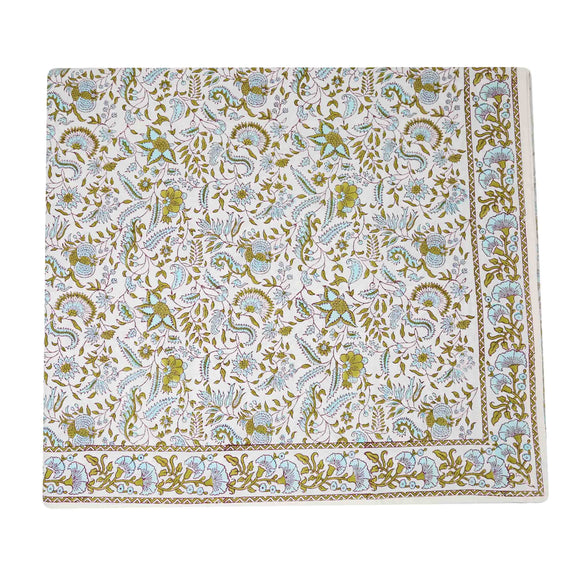 Sea Holly Tablecloth | Our Sea Holly print is an ode to a traditional Indian block pattern, updated in a fresh and sophisticated color palette. Tranquil blue intertwined with olive green is reminiscent of mediterranean shores, wild rosemary and rocky beac