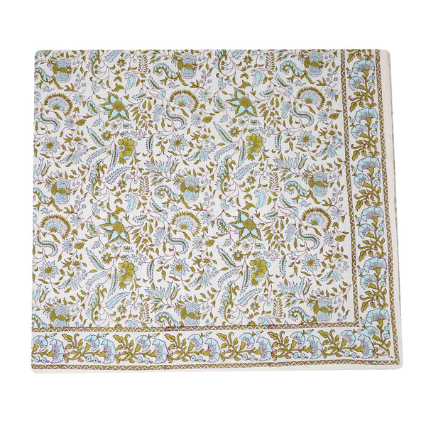Sea Holly Tablecloth | Our Sea Holly print is an ode to a traditional Indian block pattern, updated in a fresh and sophisticated color palette. Tranquil blue intertwined with olive green is reminiscent of mediterranean shores, wild rosemary and rocky beac