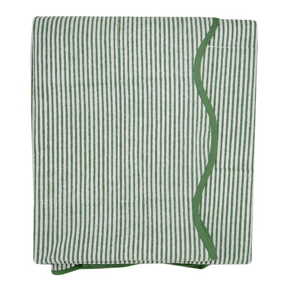 Harbor Stripe Scalloped Tablecloth | Add charm to your card table with this lightweight block print tablecloth, featuring a botanical pattern and piped scalloped border for a polished look.