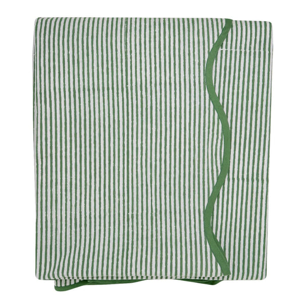 Harbor Stripe Scalloped Tablecloth | Add charm to your card table with this lightweight block print tablecloth, featuring a botanical pattern and piped scalloped border for a polished look.