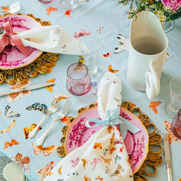 Inslee Persephone Linen Tablecloth | The Persephone linen block print tablecloth features Inslee Fariss’s watercolor butterflies on soft blue—elegant, airy, and perfect for relaxed gatherings.