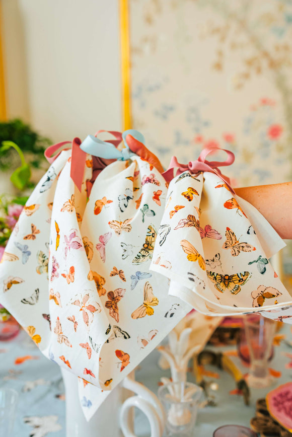 Inslee Celine Napkins, Set of 4 | From our Inslee Fariss collab, the Celine block print napkins feature watercolor butterflies on white—elegant, airy, and perfect for gifting or gathering.