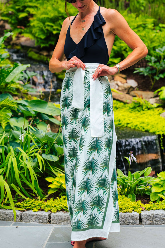 Inslee Georgia Pareo | Part of our Inslee Fariss collab, the Georgia block print sarong pareo features soft green palms on cotton voile—breezy, flattering, and made for sunny days.