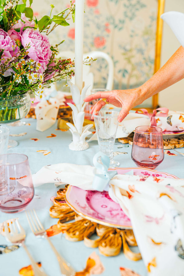Inslee Persephone Linen Tablecloth | The Persephone linen block print tablecloth features Inslee Fariss’s watercolor butterflies on soft blue—elegant, airy, and perfect for relaxed gatherings.