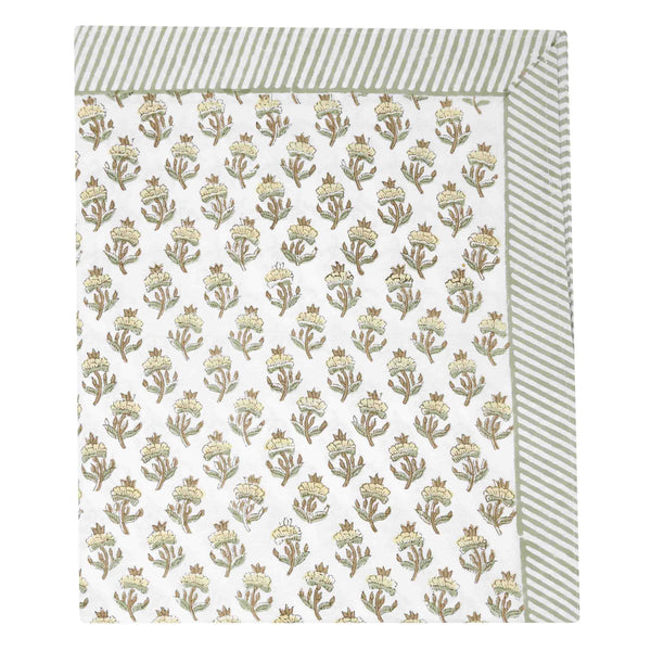 Green block printed floral tablecloth