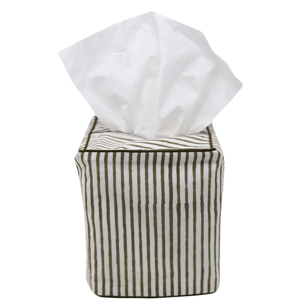 Green and white striped block printed tissue box cover