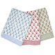 Trio of block printed floral tablecloths in blue, red, and green