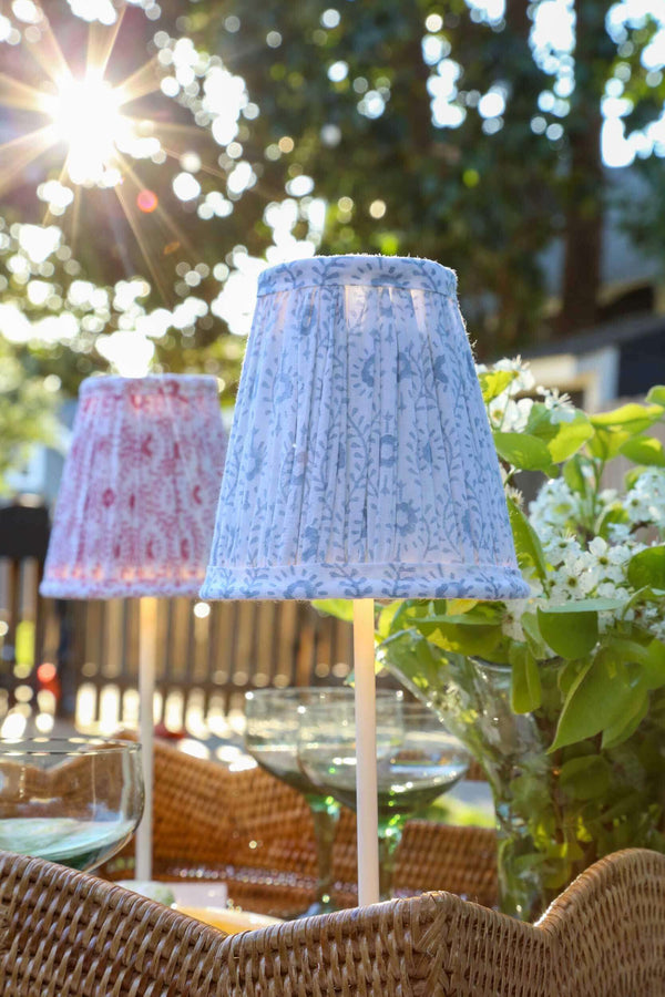 Block printed lampshades on Poldina Pro cordless lamps in wicker tray