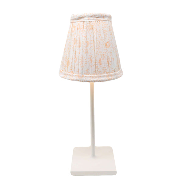 Pink block printed lampshade on Poldina Pro cordless lamp