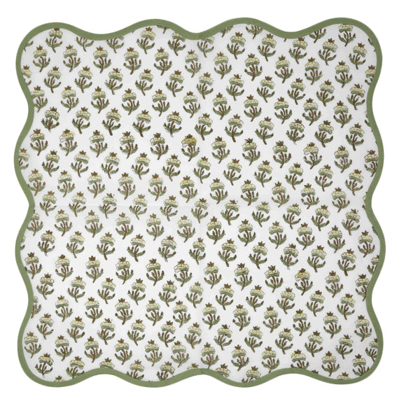 Single floral block print napkin with green scalloped border