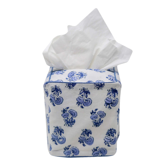 Blue and white floral block printed tissue box cover