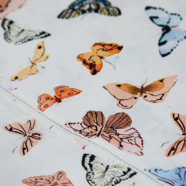 Inslee Celine Linen Tablecloth | This linen block print tablecloth features Inslee Fariss’s watercolor butterflies on crisp white—an airy, elegant choice for gatherings that feel special.
