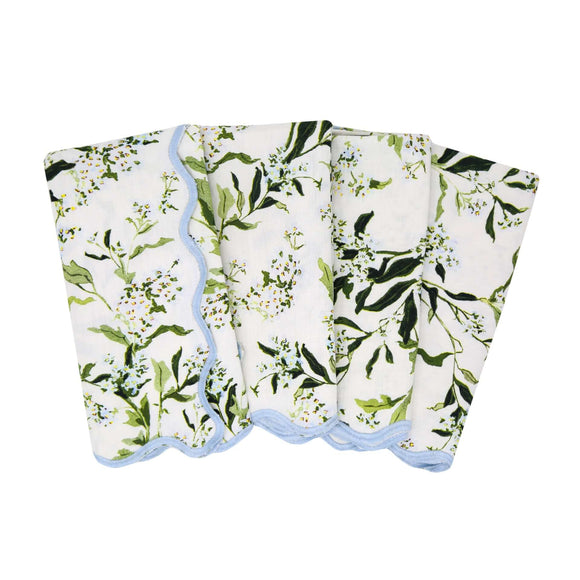 Inslee Claiborne Napkins, Set of 4 | From our Inslee Fariss collab, the Claiborne block print napkins feature blue blossoms and vines on crisp white linen—elegant, effortless, and summer-ready.