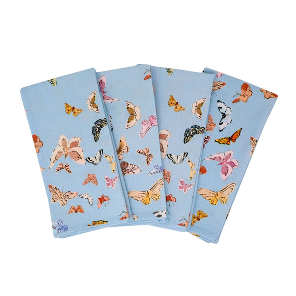Inslee Persephone Napkins, Set of 4 | From our Inslee Fariss collab, Persephone block print napkins feature delicate butterflies on airy blue—elegant, cheerful, and perfect for any special table.