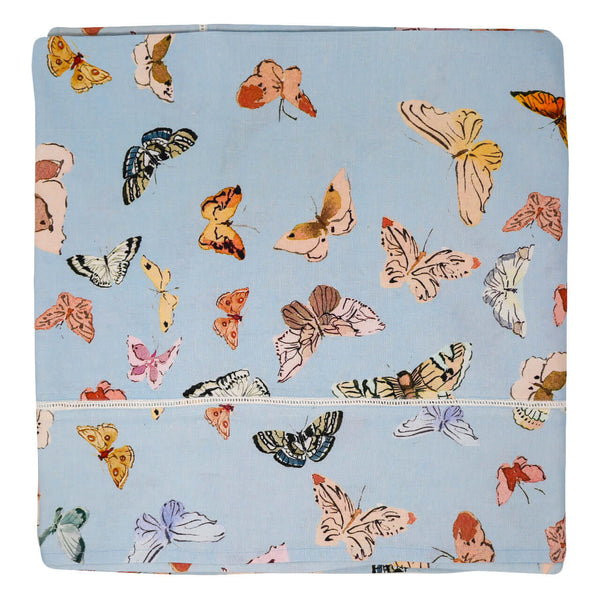Inslee Persephone Linen Tablecloth | The Persephone linen block print tablecloth features Inslee Fariss’s watercolor butterflies on soft blue—elegant, airy, and perfect for relaxed gatherings.