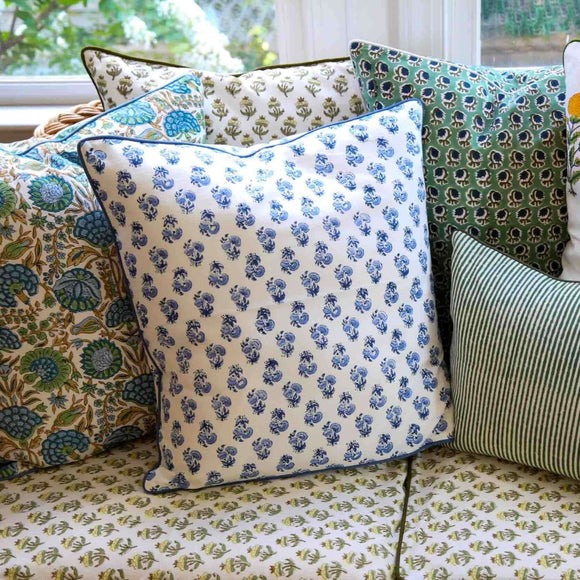 Bluebell Throw Pillow Cover | Transform your home decor effortlessly with our stylish block-printed pillow covers. Mix and match to add a splash of personality and a fresh, vibrant touch to any room. The Bluebell print is a crowd pleaser in the perfect sh
