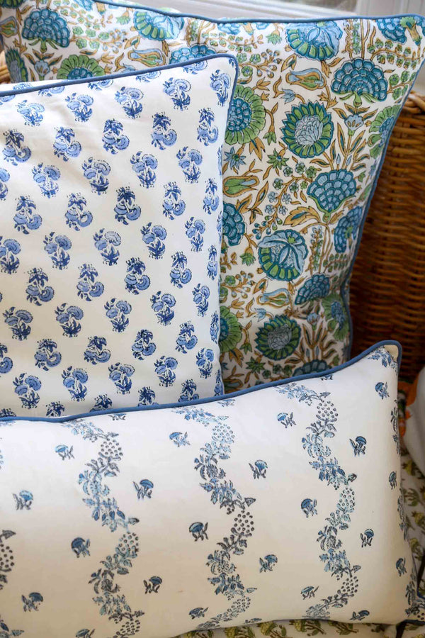 Bluebell Throw Pillow Cover | Transform your home decor effortlessly with our stylish block-printed pillow covers. Mix and match to add a splash of personality and a fresh, vibrant touch to any room. The Bluebell print is a crowd pleaser in the perfect sh