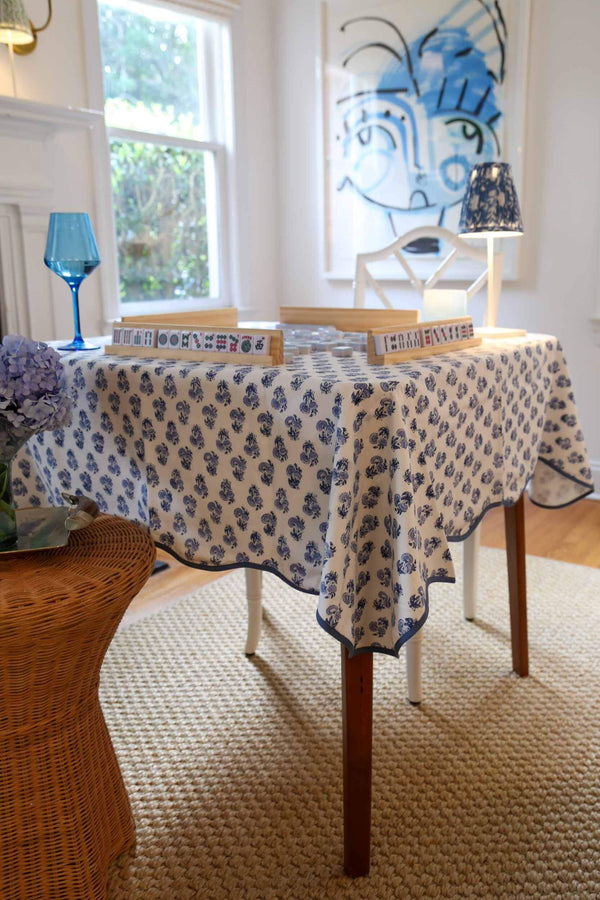 Bluebell Card Table Topper | Up your game with our charming scalloped block printed table toppers. Mix and match patterns for a winning look. Perfect for mahjong, bridge, or simply as a pretty cover for any small square or round table.