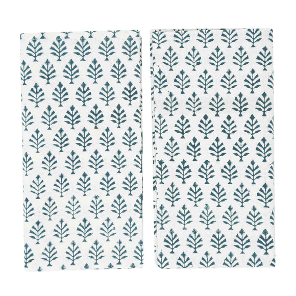 Green and white block printed napkins with small trees