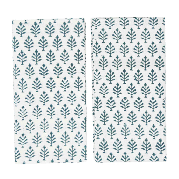 Green and white block printed napkins with small trees