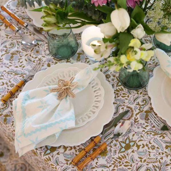 Sea Holly Tablecloth | Our Sea Holly print is an ode to a traditional Indian block pattern, updated in a fresh and sophisticated color palette. Tranquil blue intertwined with olive green is reminiscent of mediterranean shores, wild rosemary and rocky beac