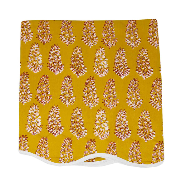 Golden Frond Card Table Topper | Up your game with our charming scalloped block printed table toppers. Mix and match patterns for a winning look. Perfect for mahjong, bridge, or simply as a pretty cover for any small square or round table. Pair with a cor