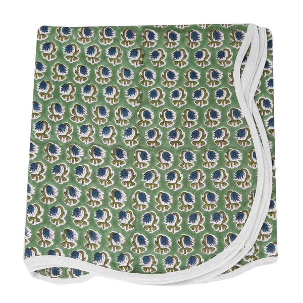 Tea Tree Card Table Topper | Up your game with our charming scalloped block printed table toppers. Mix and match patterns for a winning look. Perfect for mahjong, bridge, or simply as a pretty cover for any small square or round table. Pair with a cordles