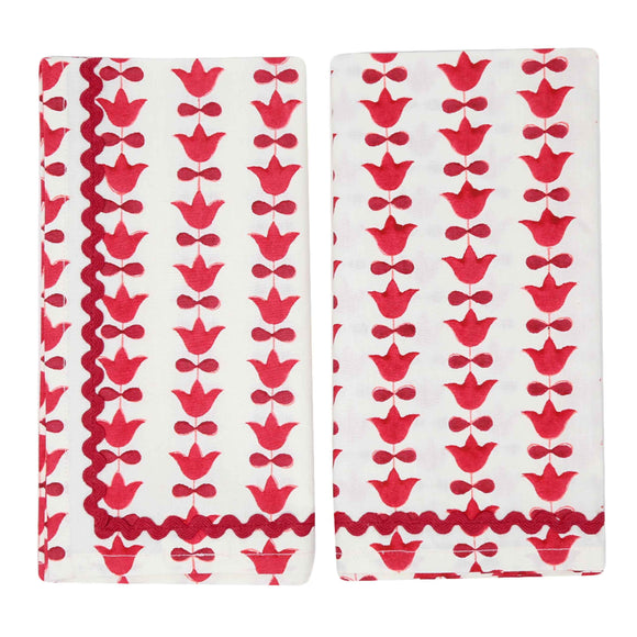 Red and white block printed napkins with red tulip flower pattern