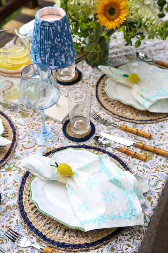 Daylily Napkins, Set of 4 | Brighten up your table with these colorful hand-printed cotton napkins featuring a playful ricrac border.