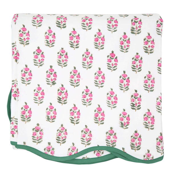 Blossom Card Table Topper | Up your game with our charming scalloped block printed table toppers. Mix and match patterns for a winning look. Perfect for mahjong, bridge, or simply as a pretty cover for any small square or round table. Pair with a cordless