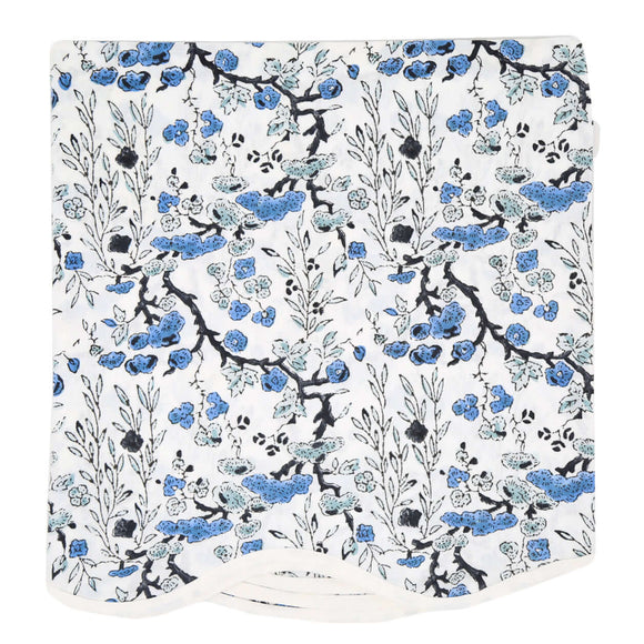 Bonsai Blue Card Table Topper | Up your game with our charming scalloped block printed table toppers. Mix and match patterns for a winning look. Perfect for mahjong, bridge, or simply as a pretty cover for any small square or round table. Pair with a cord