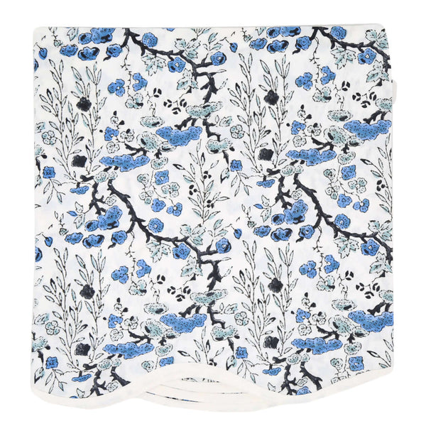 Bonsai Blue Card Table Topper | Up your game with our charming scalloped block printed table toppers. Mix and match patterns for a winning look. Perfect for mahjong, bridge, or simply as a pretty cover for any small square or round table. Pair with a cord