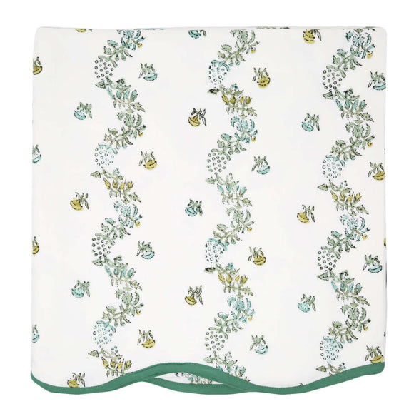Forget Me Not Card Table Topper | Up your game with our charming scalloped block printed table toppers. Mix and match patterns for a winning look. Perfect for mahjong, bridge, or simply as a pretty cover for any small square or round table. Pair with a co