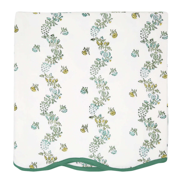 Forget Me Not Card Table Topper | Up your game with our charming scalloped block printed table toppers. Mix and match patterns for a winning look. Perfect for mahjong, bridge, or simply as a pretty cover for any small square or round table. Pair with a co
