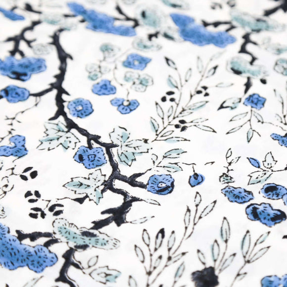 Bonsai Blue Card Table Topper | Up your game with our charming scalloped block printed table toppers. Mix and match patterns for a winning look. Perfect for mahjong, bridge, or simply as a pretty cover for any small square or round table. Pair with a cord