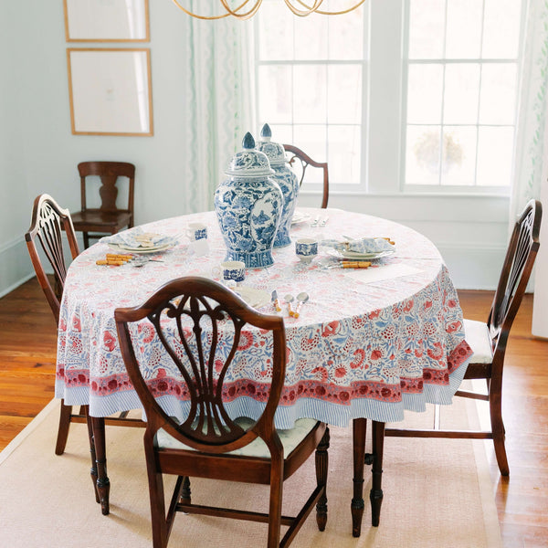 Table setting with pink and blue block printed tablecloth