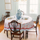 Table setting with pink and blue block printed tablecloth