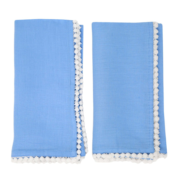 Blue linen cloth napkins with a white decorative edge