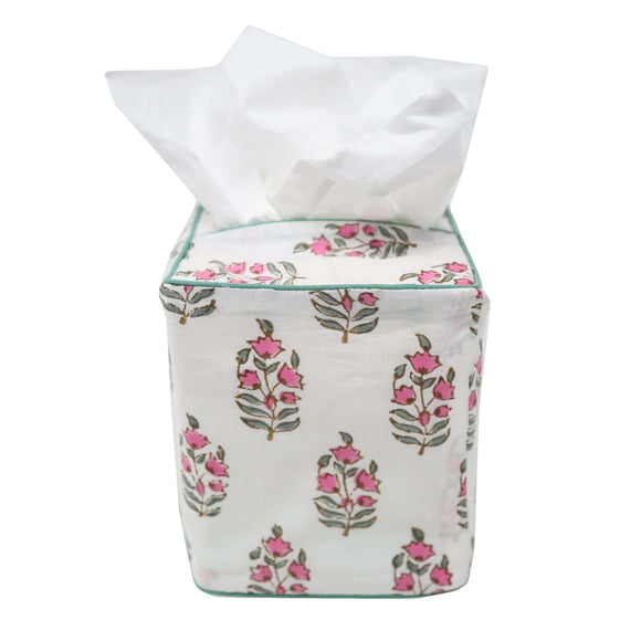 Pink and white block printed tissue box cover