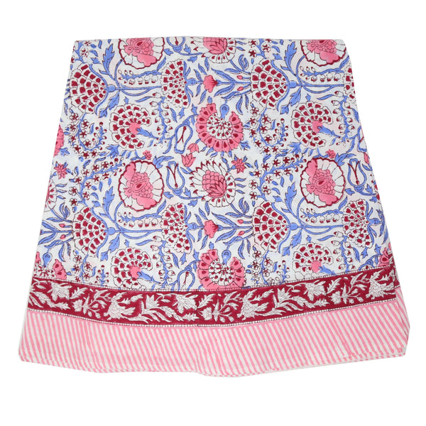 Pink and blue block printed round tablecloth