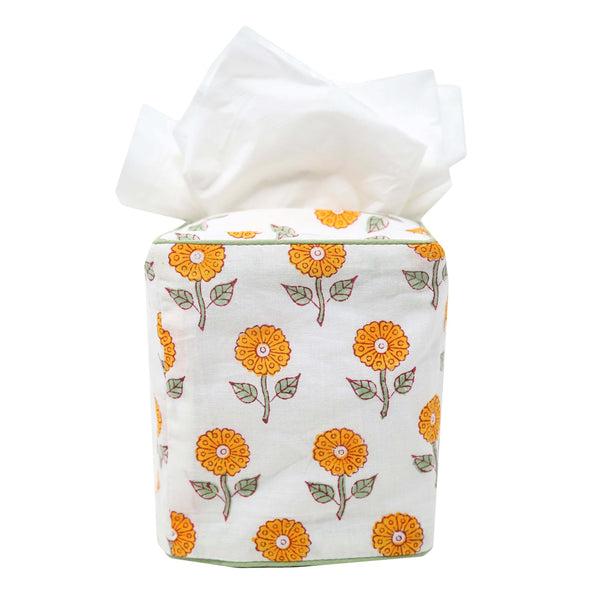 Gold and white floral block printed tissue box cover
