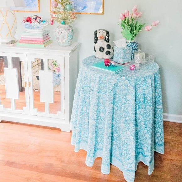 Blue block printed round tablecloth in home