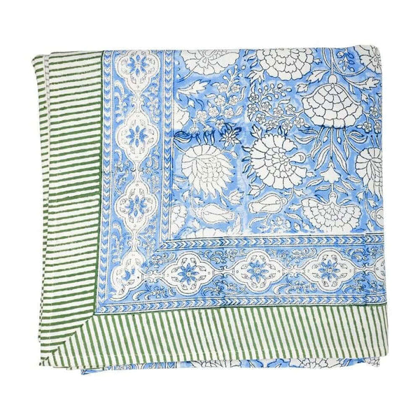 Blue block printed tablecloth with green border