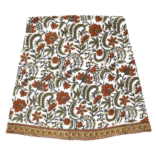 Auburn and green block printed round tablecloth