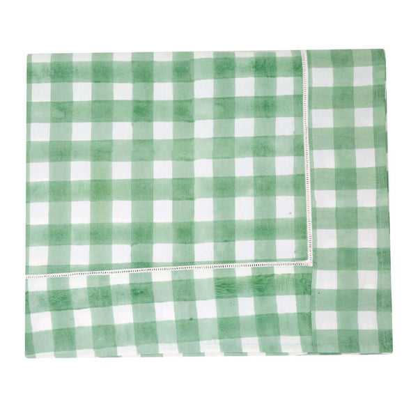 Green and white gingham tablecloth