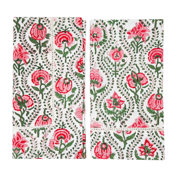 Pair of pink and green block printed napkins