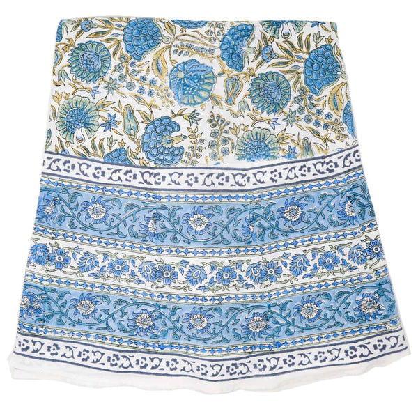 Blue floral block printed round tablecloth