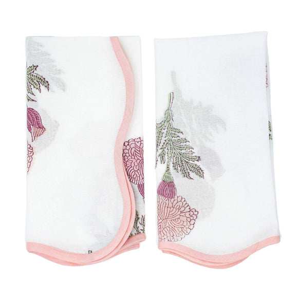 Set of pink and white block printed cotton napkins