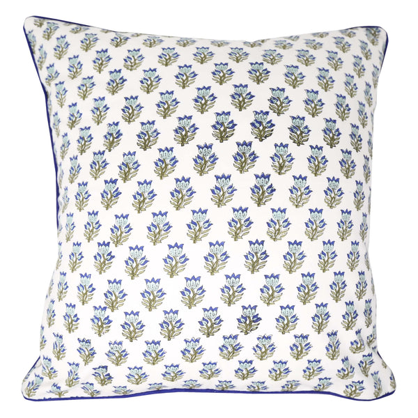 Blue and green block printed pillow cover