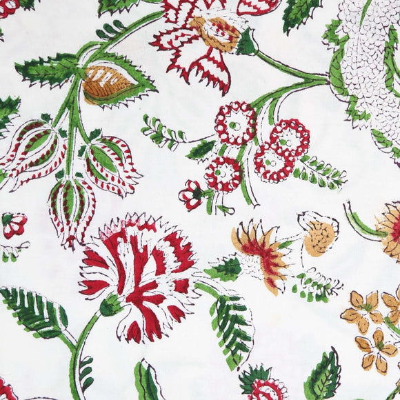 Close up of block printed table runner floral design